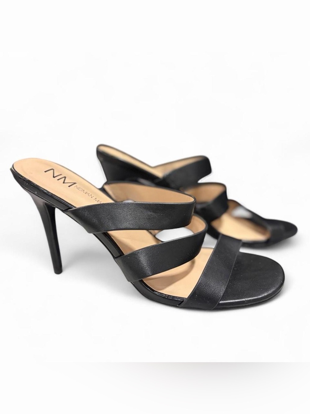 Neiman Marcus Black Triple-Strap Stiletto Slide Heels